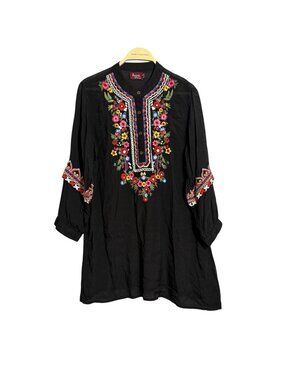 Avani Blouse Tunic Top Women Size M Hippie Boho Retro Embroidered Flower Gypsy
